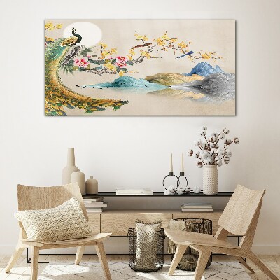 Peacock in Blooming Landscape Glass art print