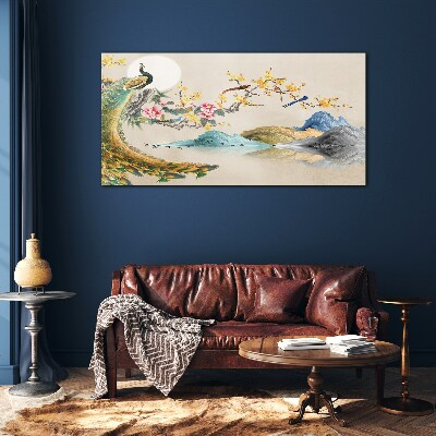 Peacock in Blooming Landscape Glass art print