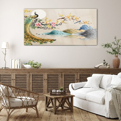Peacock in Blooming Landscape Glass art print