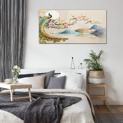 Peacock in Blooming Landscape Glass art print