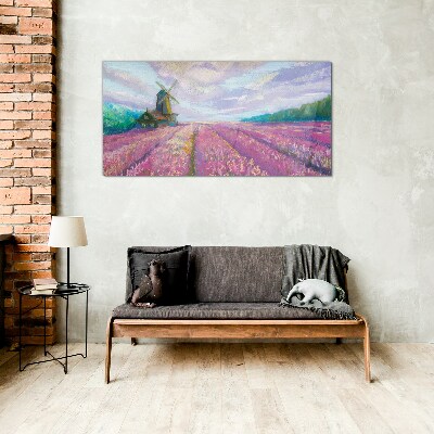 Flower landscape with a windmill Wall art on glass