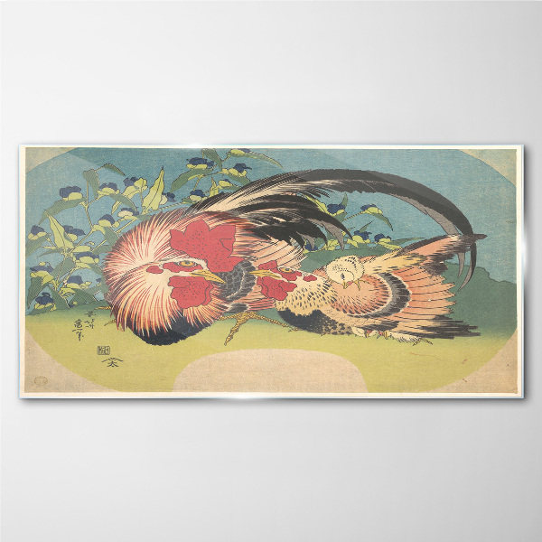 Rooster and chicken in the garden Glass art print