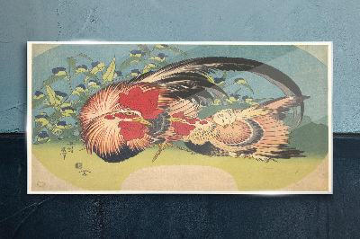 Rooster and chicken in the garden Glass art print