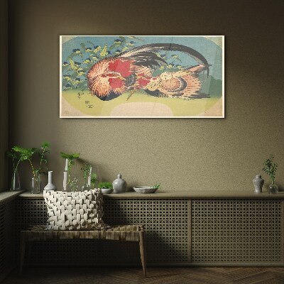 Rooster and chicken in the garden Glass art print