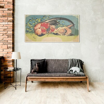 Rooster and chicken in the garden Glass art print