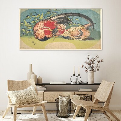 Rooster and chicken in the garden Glass art print