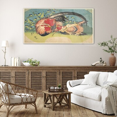 Rooster and chicken in the garden Glass art print