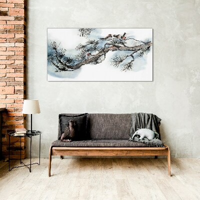 Peaceful branch with birds Wall art on glass