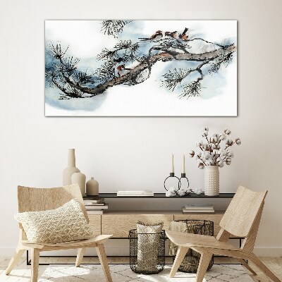 Peaceful branch with birds Wall art on glass