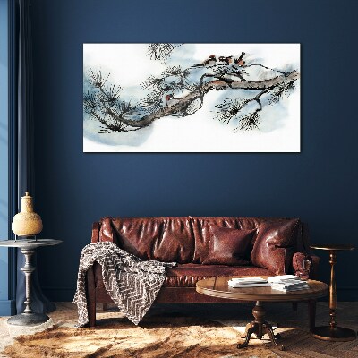 Peaceful branch with birds Wall art on glass