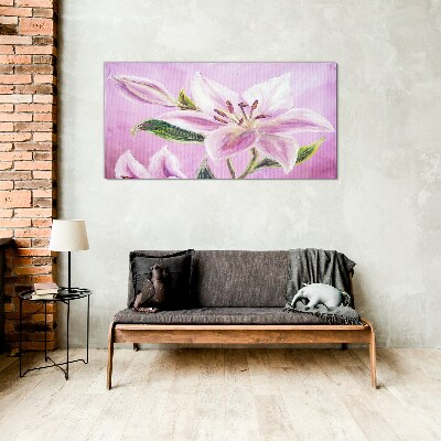 Pink lilies on a pastel background Glass art print