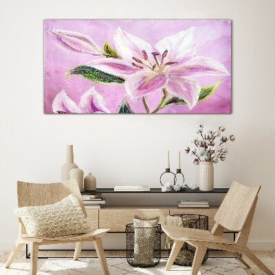 Pink lilies on a pastel background Glass art print