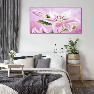 Pink lilies on a pastel background Glass art print