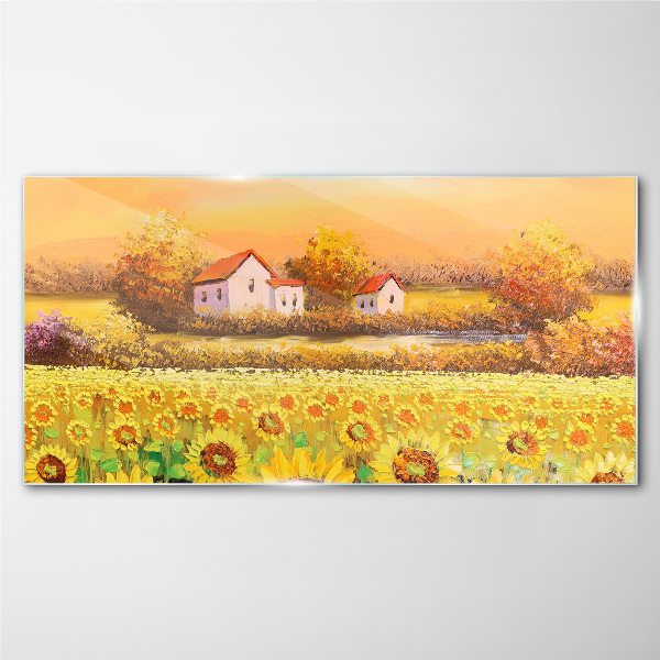 Sunflower fields and village houses Wall art on glass