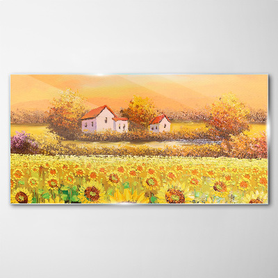 Sunflower fields and village houses Wall art on glass
