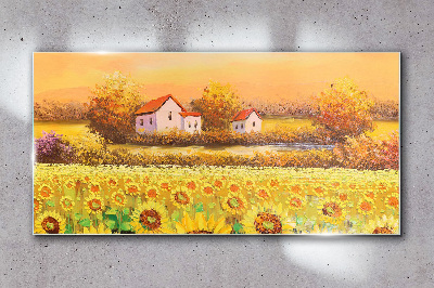 Sunflower fields and village houses Wall art on glass