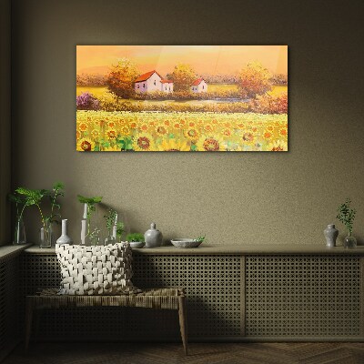 Sunflower fields and village houses Wall art on glass