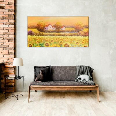 Sunflower fields and village houses Wall art on glass