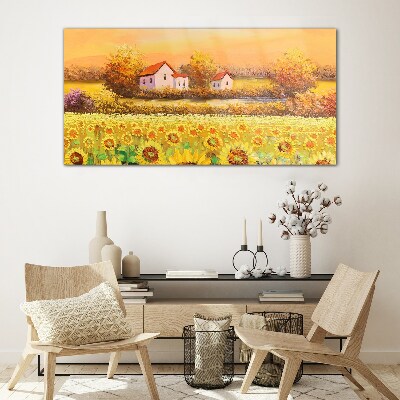 Sunflower fields and village houses Wall art on glass