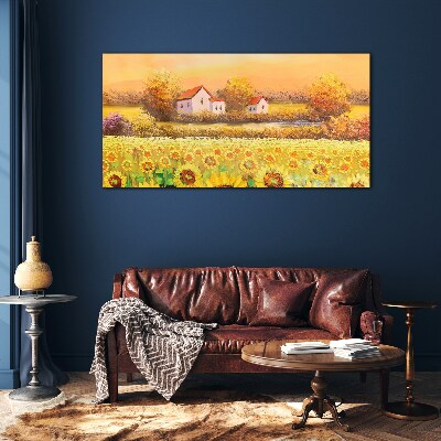 Sunflower fields and village houses Wall art on glass