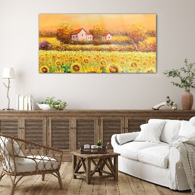 Sunflower fields and village houses Wall art on glass