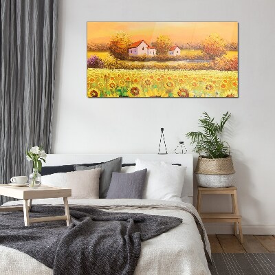 Sunflower fields and village houses Wall art on glass