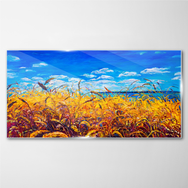 Golden fields under blue sky Wall art on glass