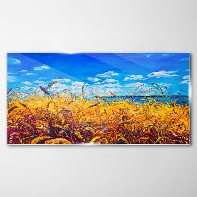 Golden fields under blue sky Wall art on glass