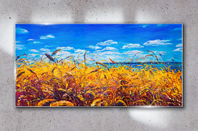 Golden fields under blue sky Wall art on glass