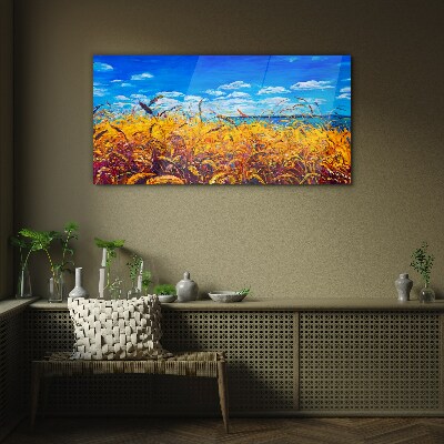 Golden fields under blue sky Wall art on glass