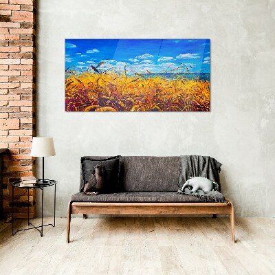 Golden fields under blue sky Wall art on glass