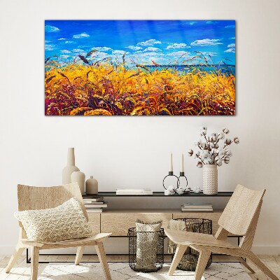 Golden fields under blue sky Wall art on glass