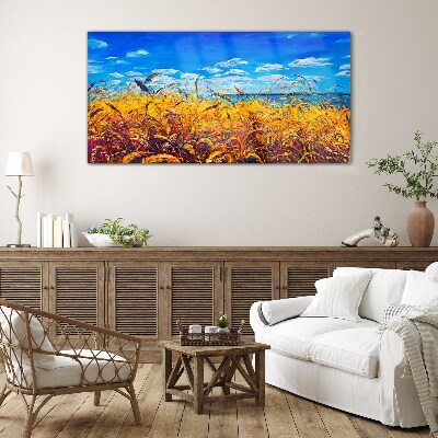 Golden fields under blue sky Wall art on glass