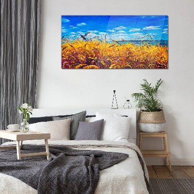 Golden fields under blue sky Wall art on glass