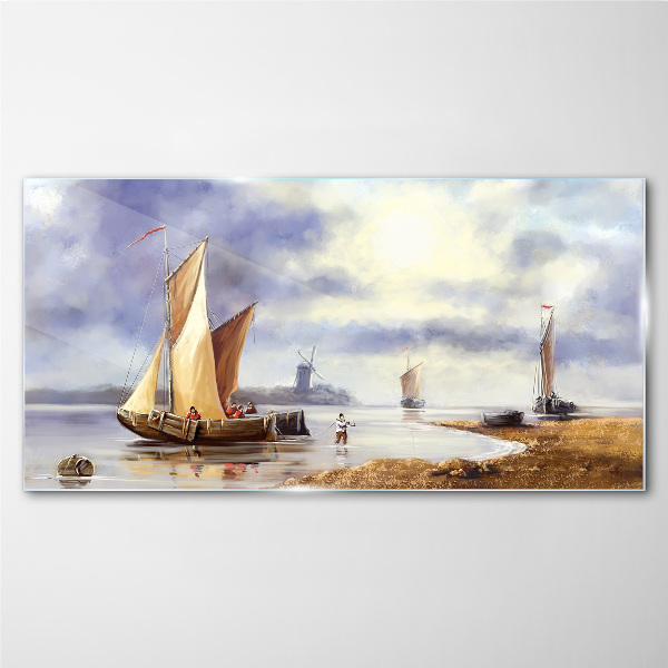 A quiet port with sailboats Wall art on glass