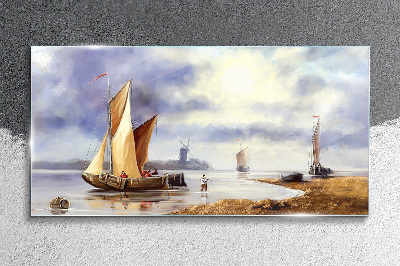 A quiet port with sailboats Wall art on glass