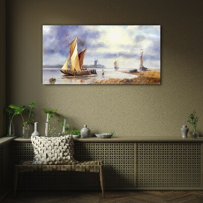 A quiet port with sailboats Wall art on glass