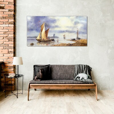 A quiet port with sailboats Wall art on glass