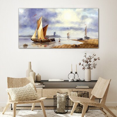 A quiet port with sailboats Wall art on glass