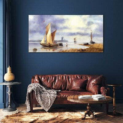 A quiet port with sailboats Wall art on glass