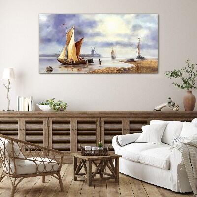 A quiet port with sailboats Wall art on glass