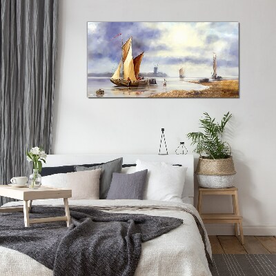A quiet port with sailboats Wall art on glass