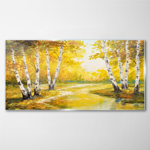 Golden autumn among the birches Wall art on glass