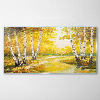 Golden autumn among the birches Wall art on glass
