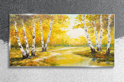 Golden autumn among the birches Wall art on glass
