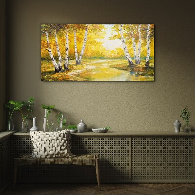 Golden autumn among the birches Wall art on glass