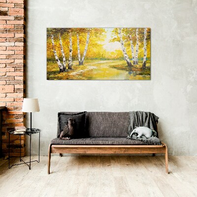Golden autumn among the birches Wall art on glass