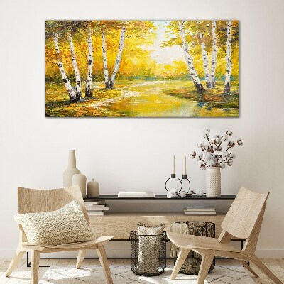 Golden autumn among the birches Wall art on glass