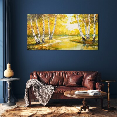Golden autumn among the birches Wall art on glass