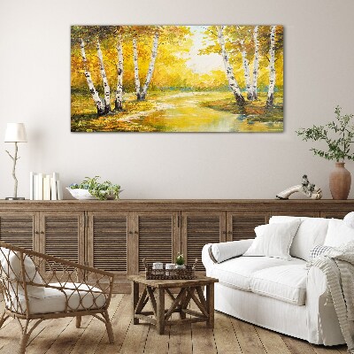 Golden autumn among the birches Wall art on glass